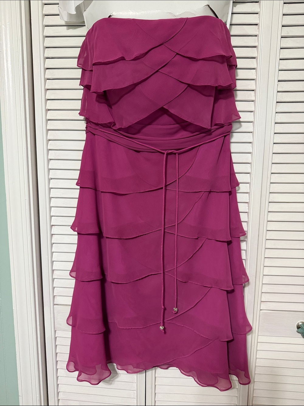 Lazaro Strapless Layered Ruffle Dress in Fuchsia with Waist Tie